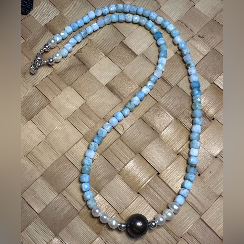 Larimar Necklace AA 4mm Faceted Cube 11mm Chocolate Edison Vintage White Pearls